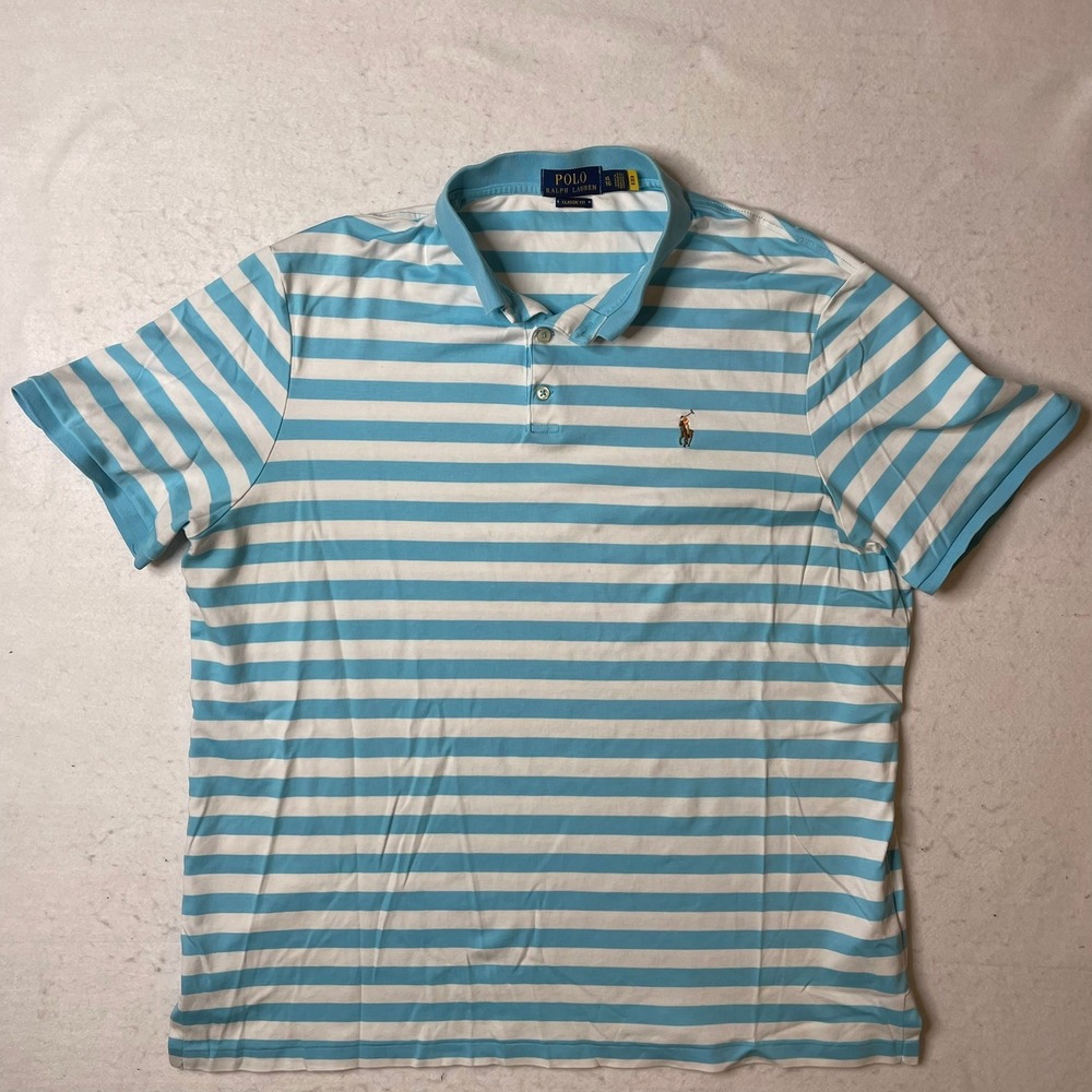 Polo Ralph Lauren Classic Fit Striped Blue White Short Sleeve‎ Polo Shirt XL